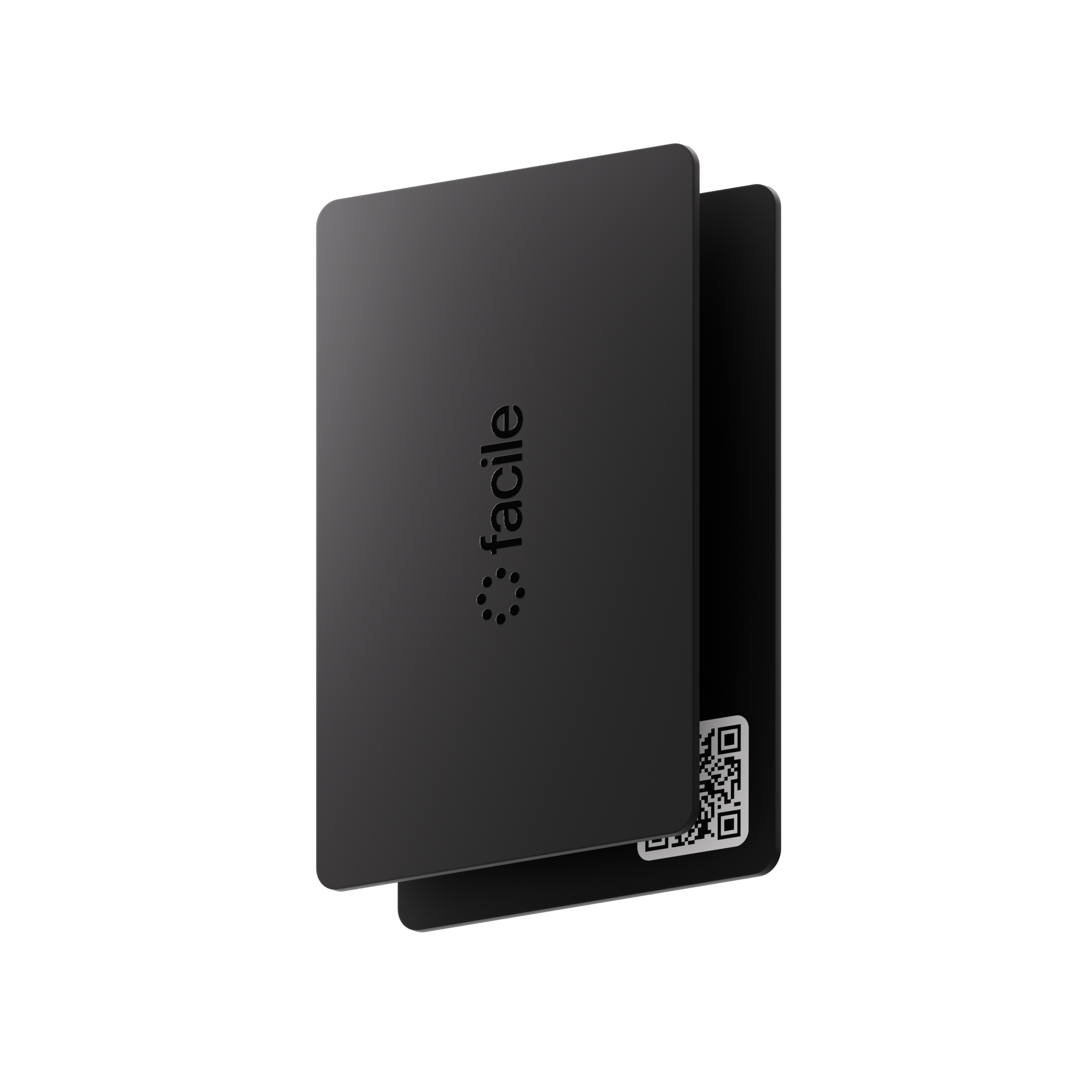 A matte black Facile smart card with laser-engraved logo and QR fallback